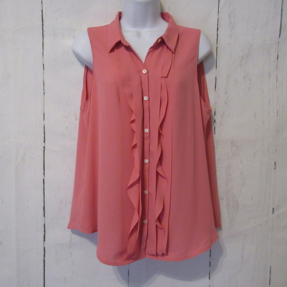 New Ann Taylor Loft Top L Pink Ruffle Button Up Sleeveless Minimalist Capsule
